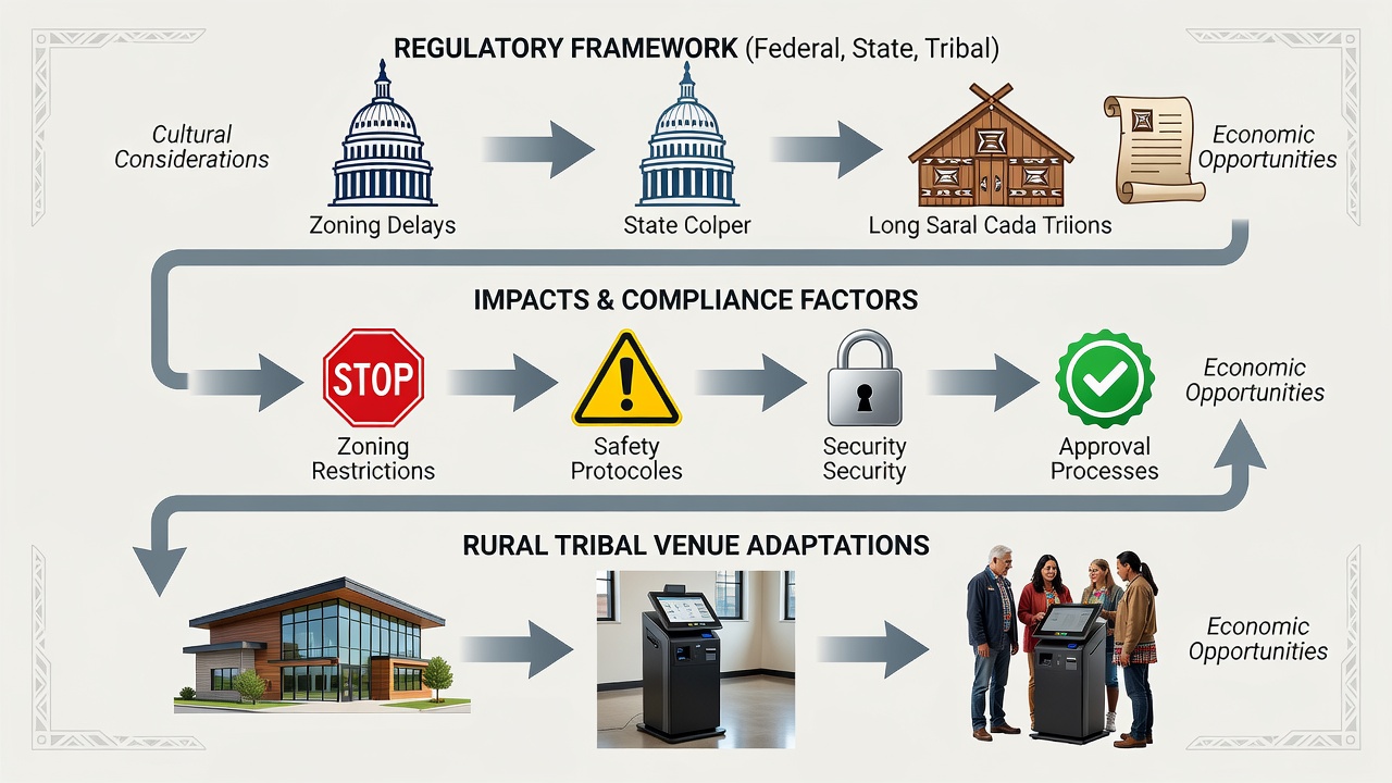 Rural tribal venue layout showing electronic lottery terminal placements and surrounding regulatory compliance zones
