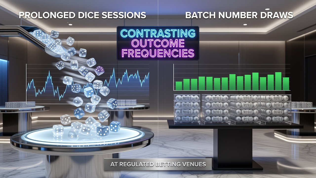 Dice on a regulated craps table showing sequential rolls during extended play