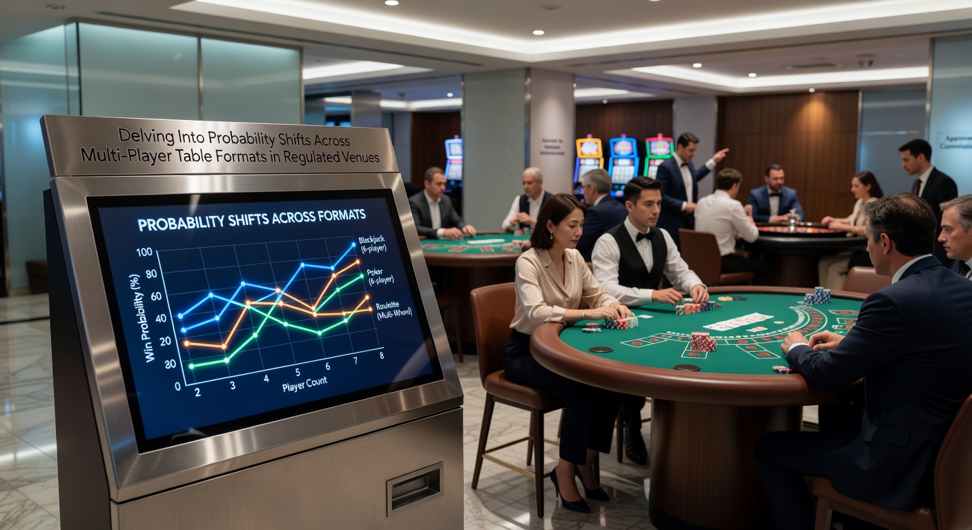 Regulated casino floor with multiple players at blackjack and poker tables analyzing probability adjustments during live sessions