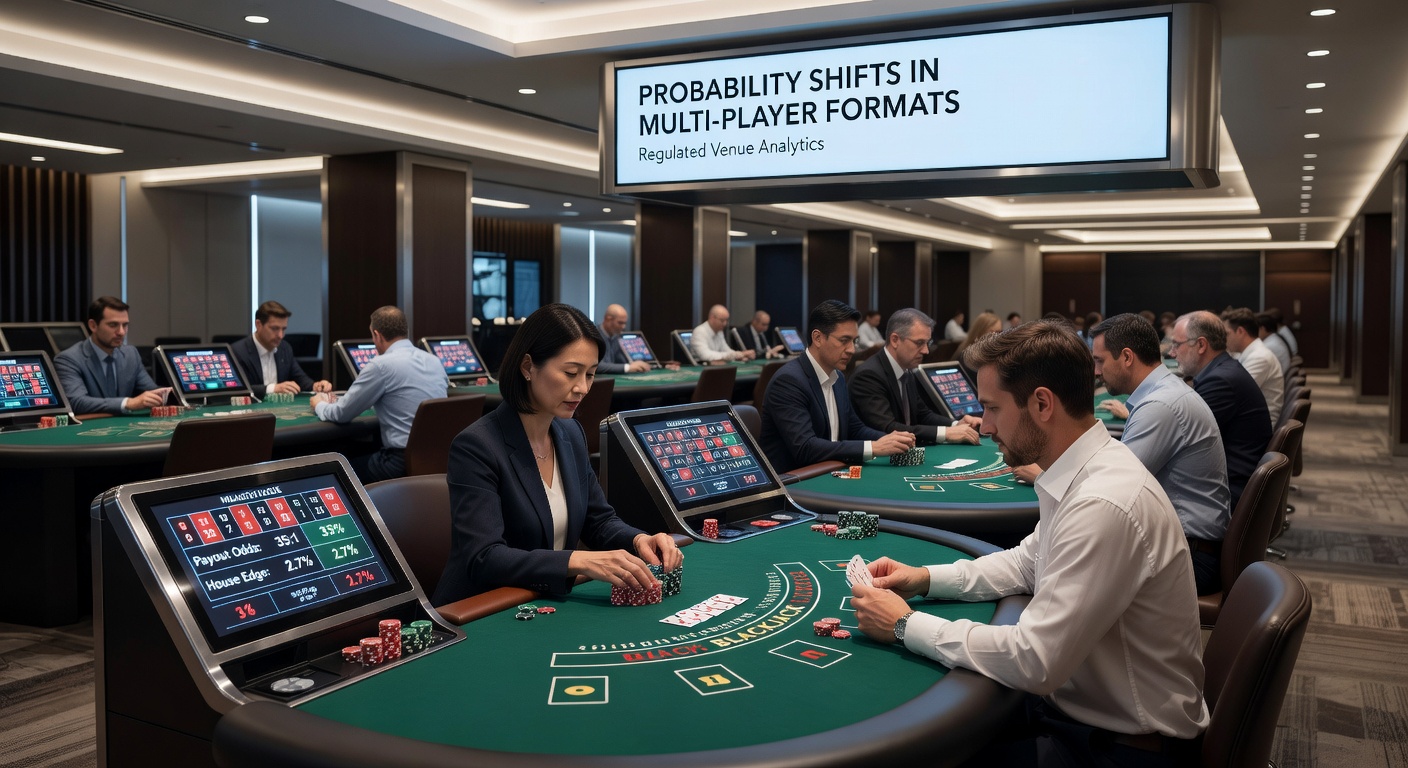Detailed view of probability charts and dealer procedures at a busy multi-player poker table in a licensed gaming venue