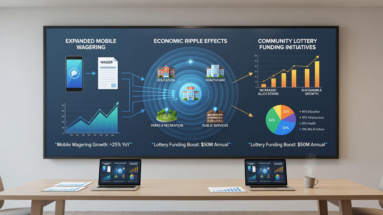 Infographic illustrating funding flows from lottery sales to local community projects with comparative mobile wagering adoption rates