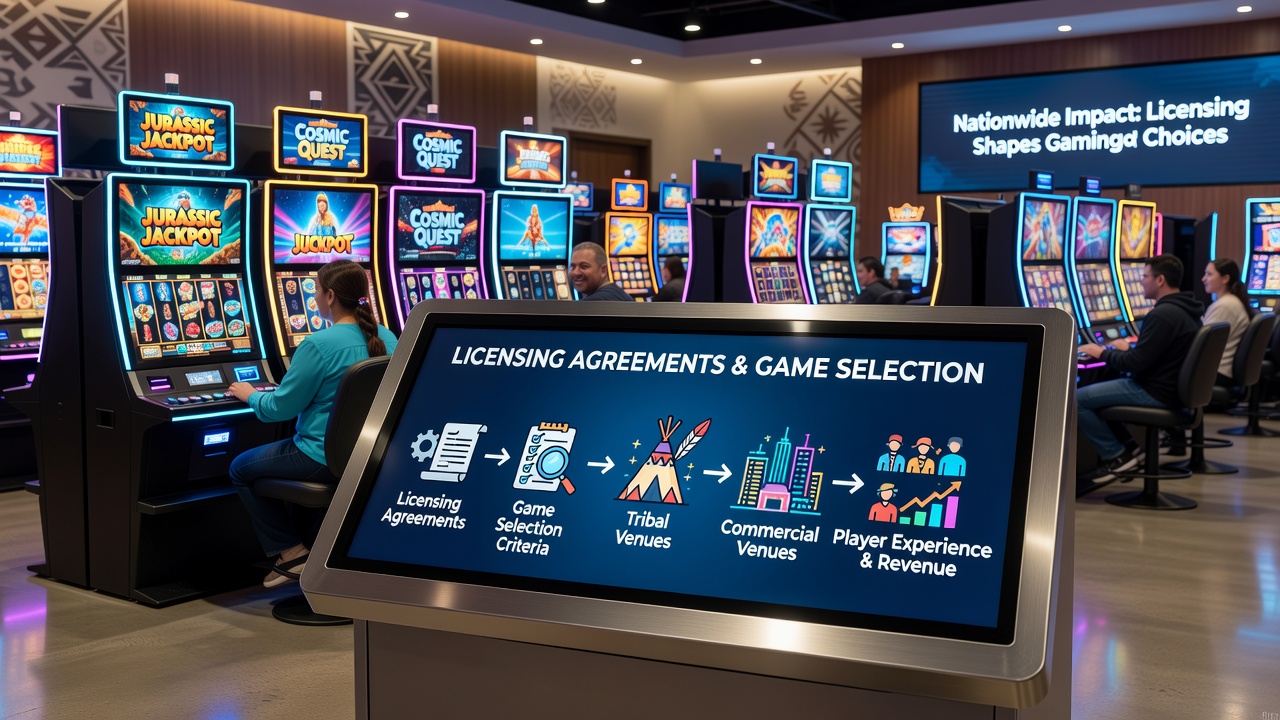 Interior view of a tribal casino floor with rows of slot machines and table games arranged under licensing guidelines