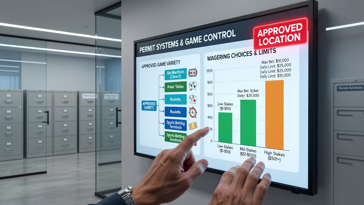 Overview of permit approval processes for gaming facilities showing regulatory documents and venue layouts