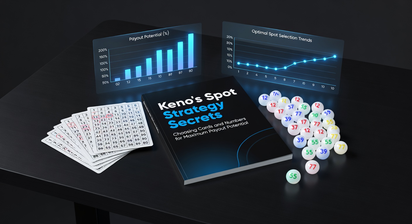 Vibrant Keno game board with numbered balls bouncing in a casino setting, highlighting spot selection strategies