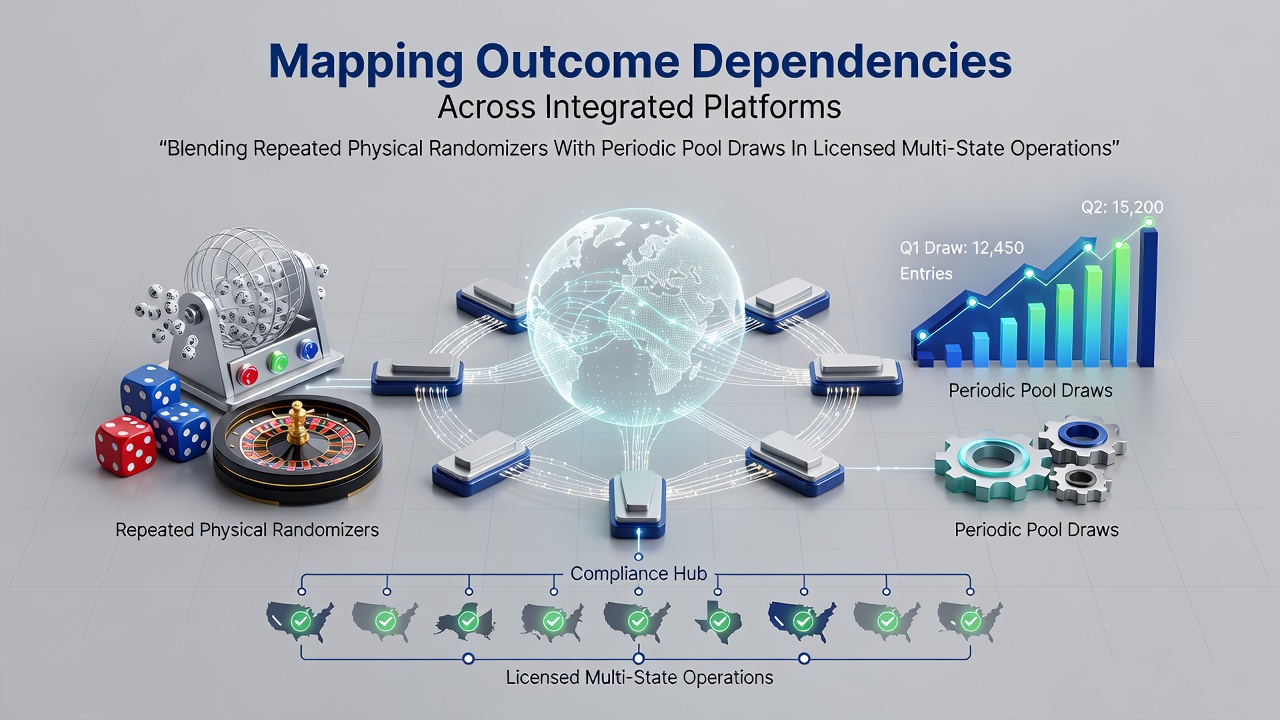 Diagram showing interconnected nodes between physical randomizer devices and centralized pool draw systems across state lines