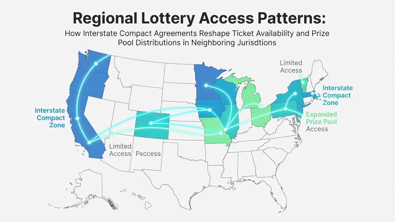 Map showing interstate lottery compact regions and ticket distribution flows between neighboring states