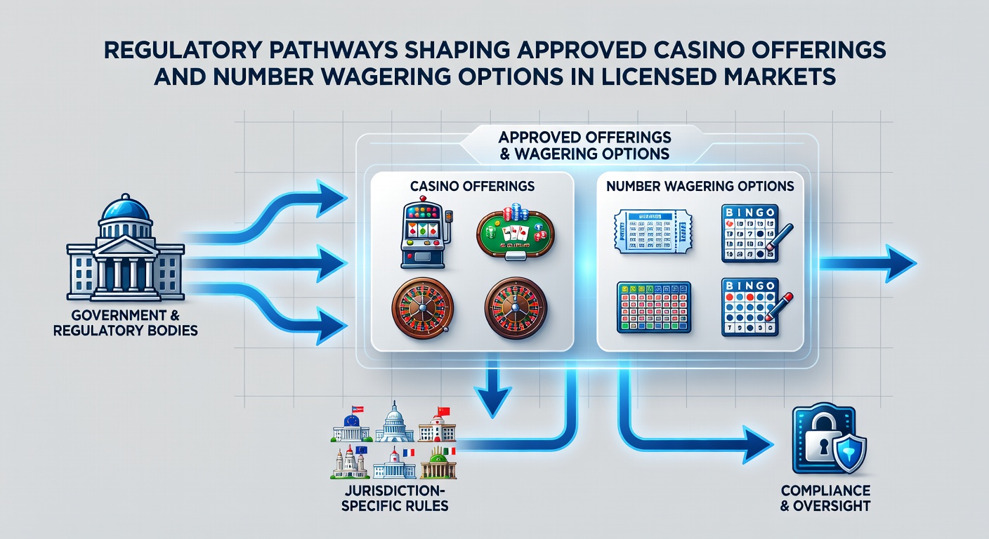 Regulatory documents and casino floor layout illustrating approved game selections in licensed markets