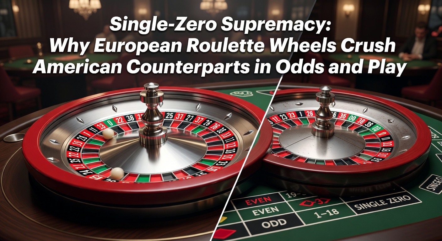 Close-up of a European single-zero roulette wheel in action at a bustling casino table, ball spinning towards numbered pockets