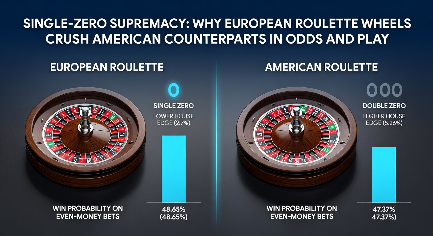 Split-view comparison of European single-zero wheel on left and American double-zero wheel on right, highlighting green pocket differences under casino lights