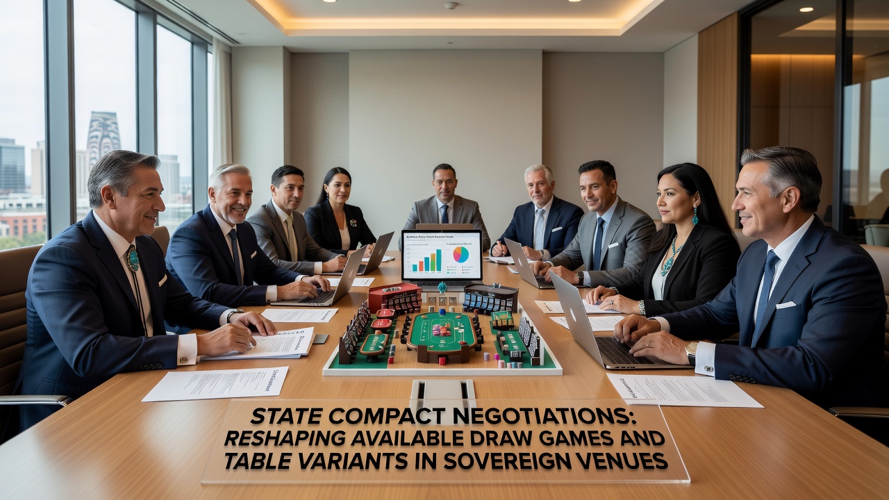 Tribal gaming compact discussions between state officials and sovereign tribal representatives at a negotiation table