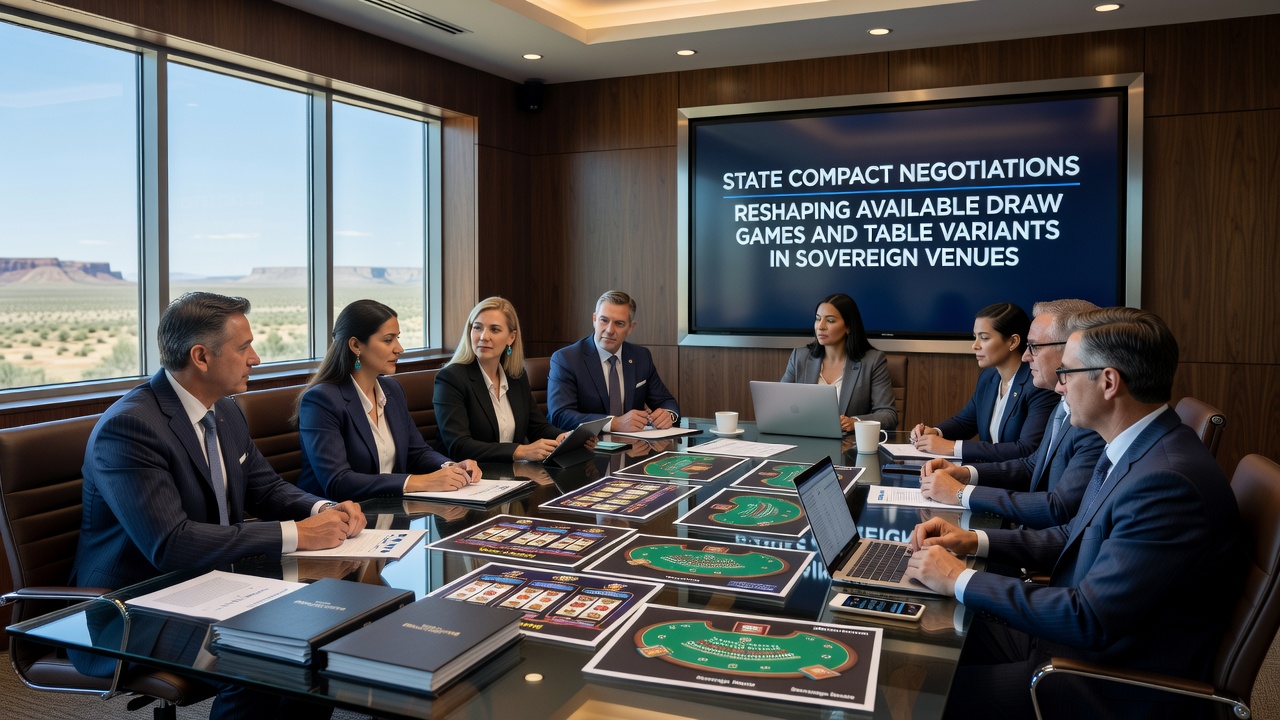 Casino floor showing various draw game terminals and table game layouts in a tribal gaming facility