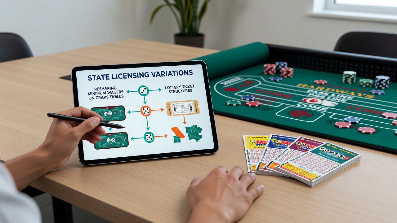 Comparison charts of lottery ticket formats and craps table layouts from different state licensing jurisdictions