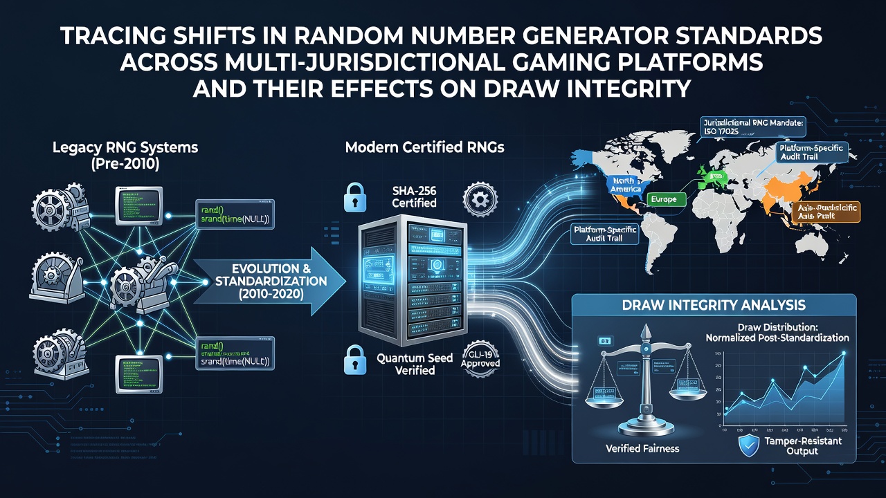 Diagram illustrating RNG certification processes across different international gaming jurisdictions with compliance checkpoints highlighted