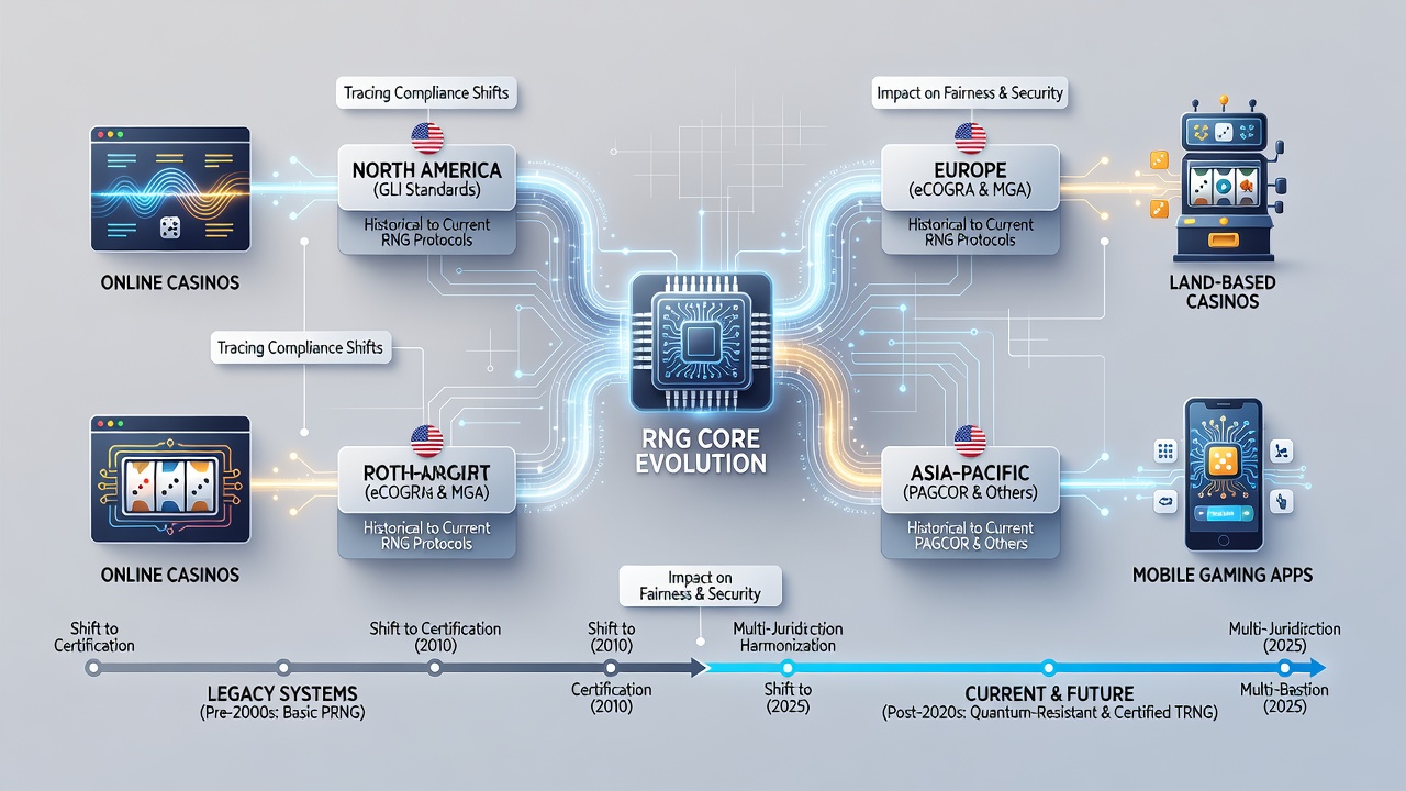 Flowchart showing multi-jurisdictional RNG approval workflow with parallel testing tracks for different regulatory regions