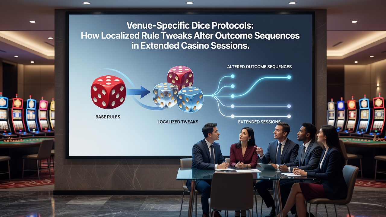 Close-up view of dice and chips on a casino craps table illustrating venue-specific rule applications